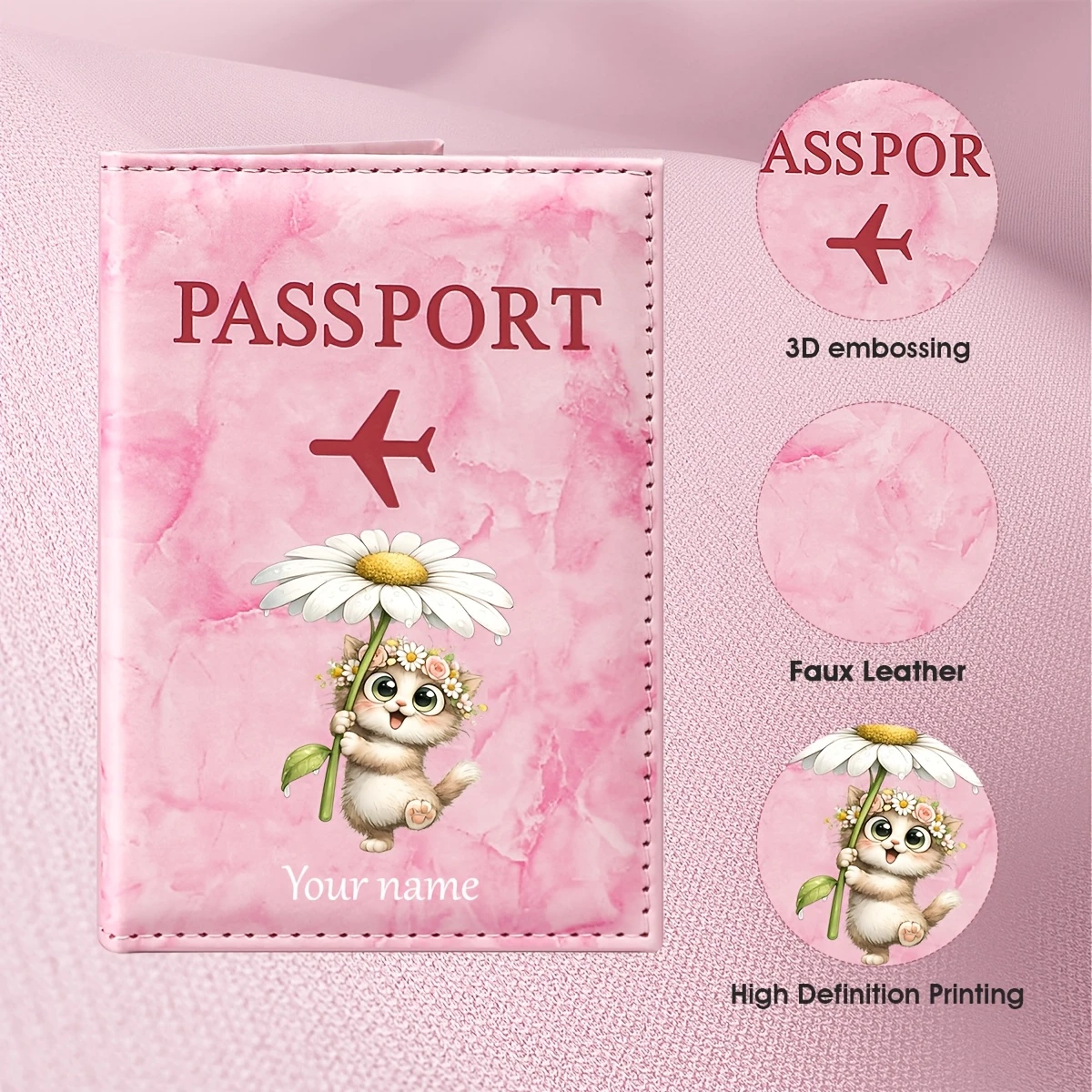 Custom Name Healing Bear and Daisy Illustration Design Passport Holder, Bear Wearing a Floral Wreath and Large Daisy Elements