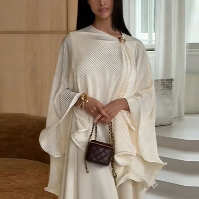 Elegant Pleated Cape Abaya 2-piece Set Trendy Modest Satin Capelet product image from Kayea’s Collections