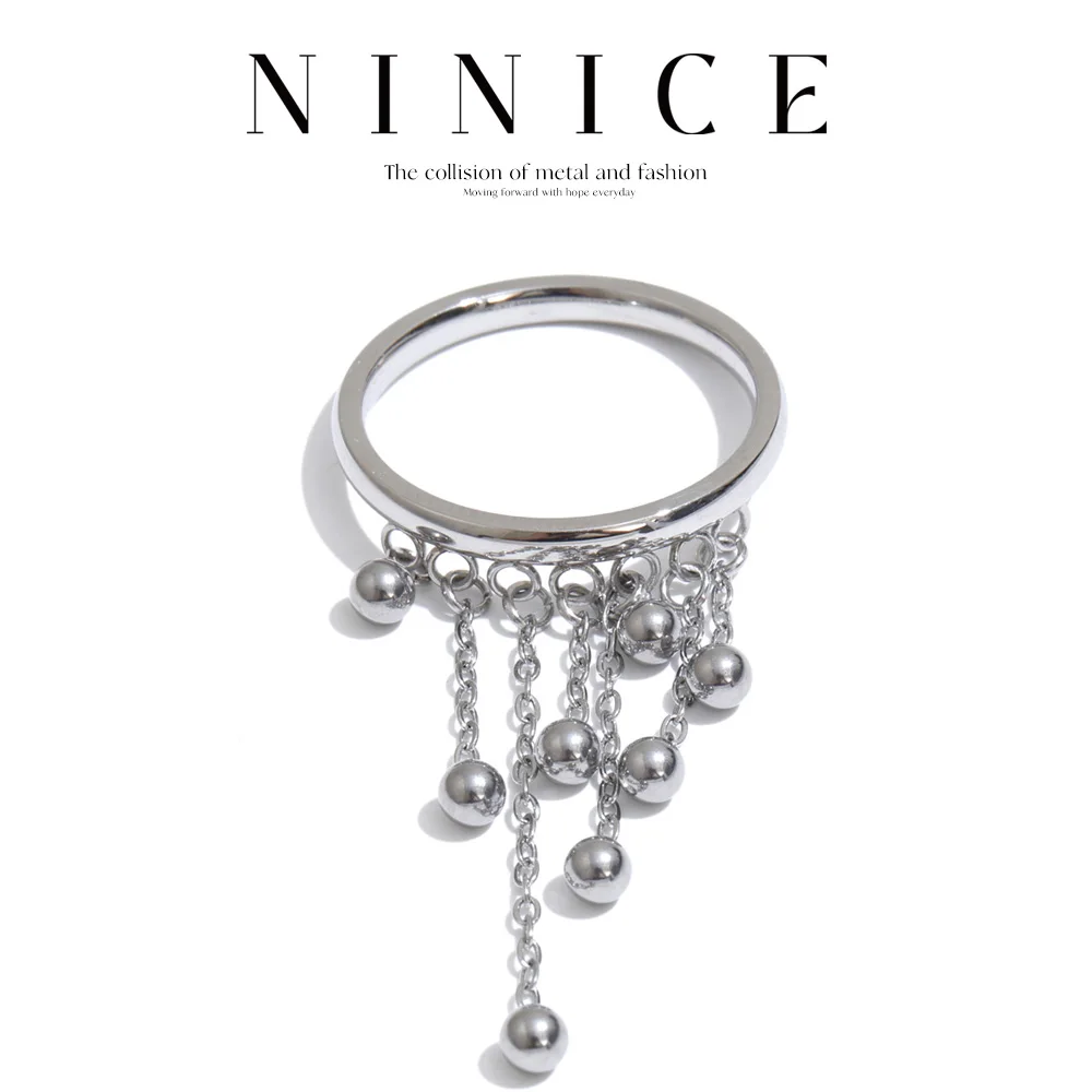 NiNice Edelstahlring, kreativer Quasten-Perlenketten-Anhänger, Fingerring, modischer personalisierter Schmuck