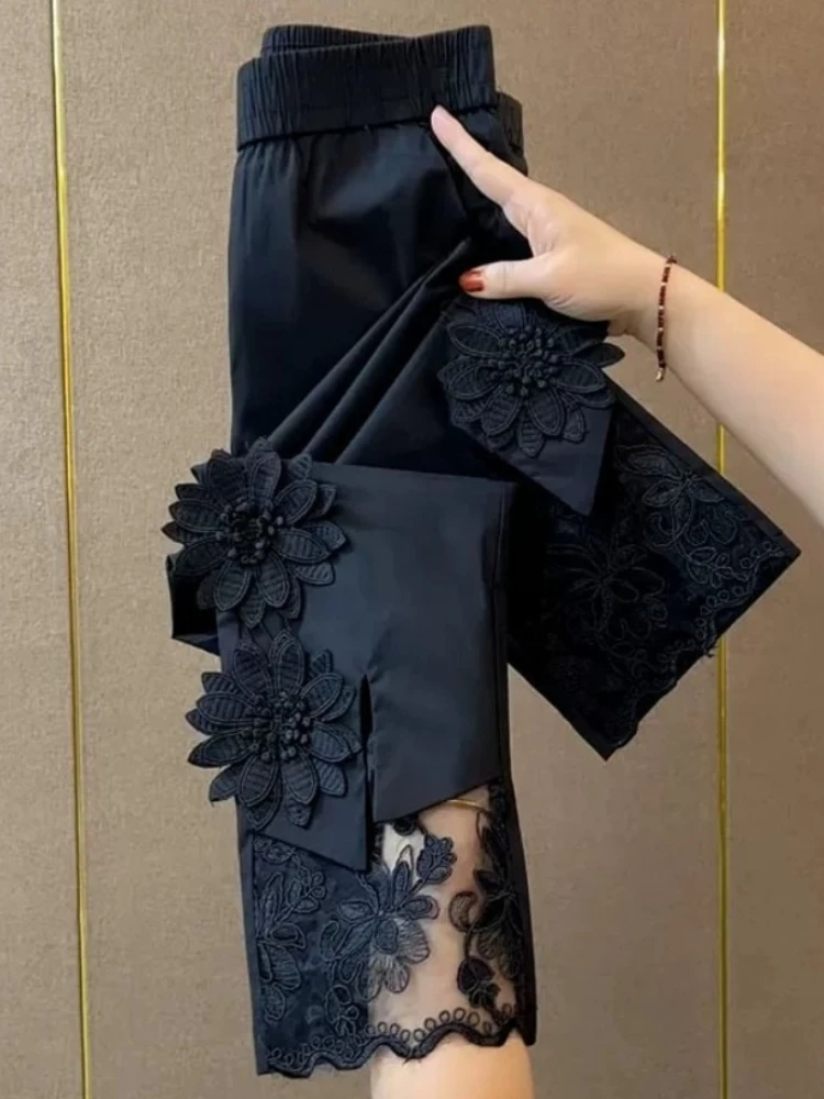 Plus Size Pants Women Black High Waist Lace Patchwork Straight Summer New Thin Slimming Cozy Versatile Cigarette Trousers