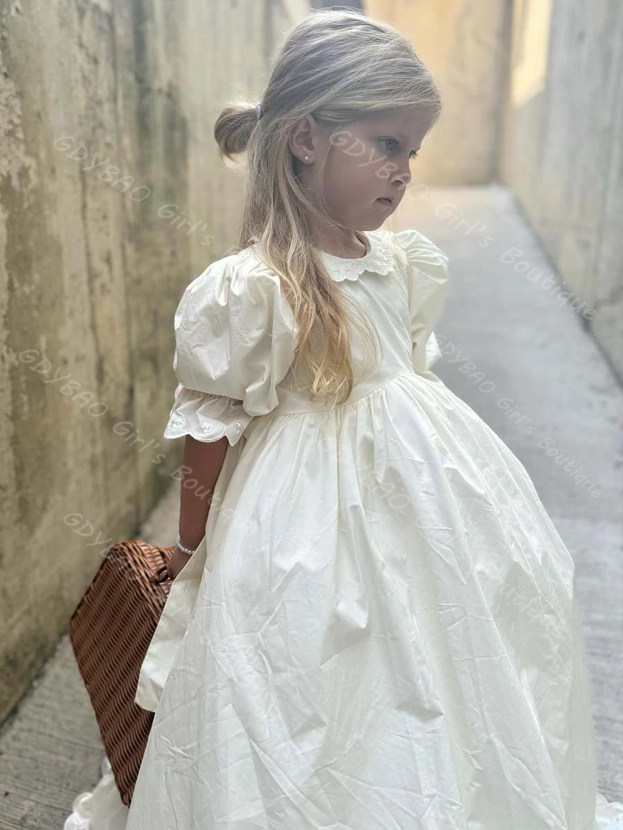 Gaun Komuni Pertama Vintage Lengan Setengah dengan Ruffle Taffeta Gaun Putri Pengiring Pengantin untuk Pernikahan 2-14 Anak Gaun Pesta yang Dapat Disesuaikan