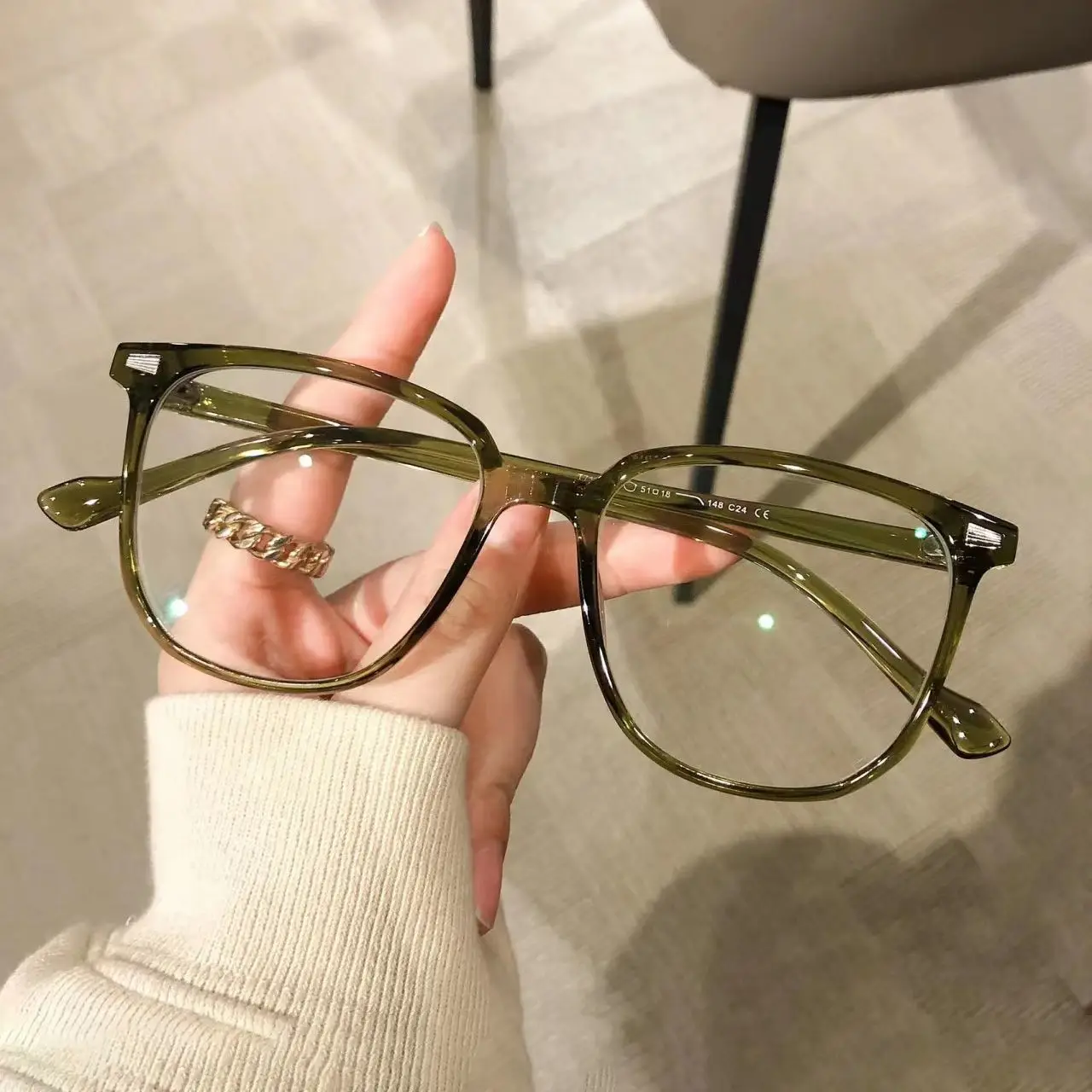 Korean Version Anti Blue Light Prescription Eyewear Trendy Olive Green Square Finished Myopia Glasses