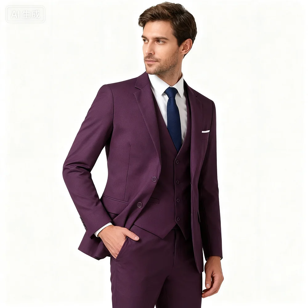 

Men's Monochromatic Slim Fit Wedding Suit Terno Peak Lapel 3 Button Jacket Vest Set Formal Business Smoking Attire