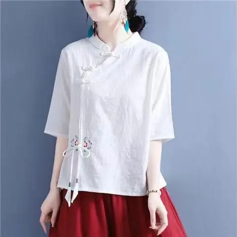 

Summer Cotton Linen irt Women's Stand Collar Embroidery ort Sve Loose Fit Top Wind Button Side Slip Tea Ceremony Zen