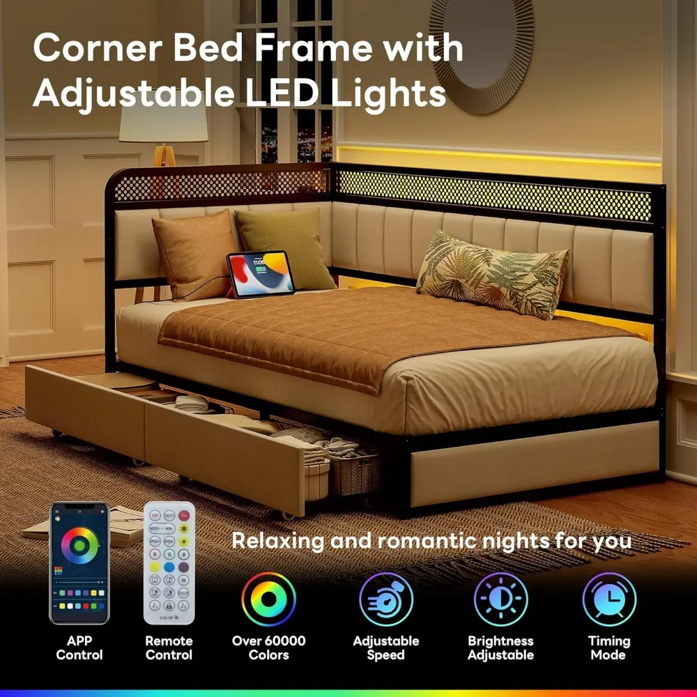 إطار سرير مزدوج الزاوية من LIKIMIO مع أدراج تخزين ومحطة شحن، وسرير نهاري مزدوج حديث مع أضواء LED وحزام منجد