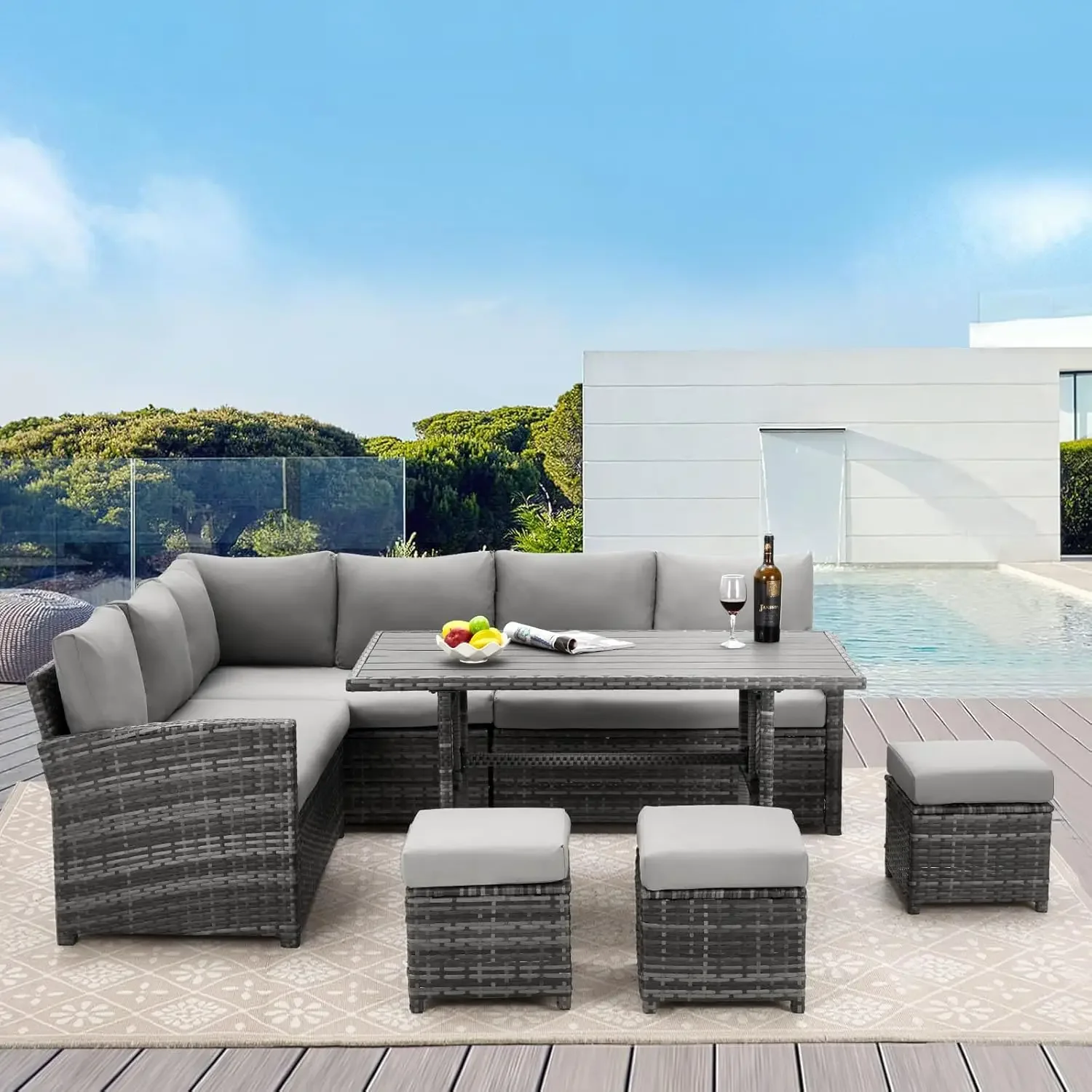 Patio Furniture Set with Cover, 7 PCS Outdoor Sectional Conversation Set, All Weather Wicker Rattan Sofa Couch