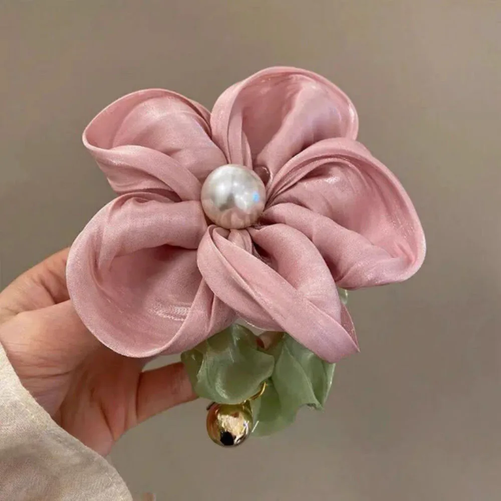 

Sweet Pearl Rhinestone Flower Satin Scrunchies for Women Girls Hair ties Silky POnytail Holder Hair Accessories Headwear