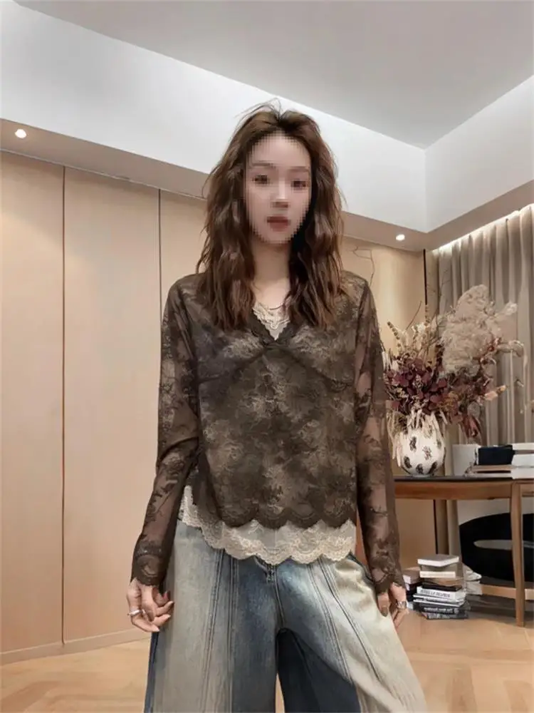 Retro Rose Embroidery Lace Long Sleeve T-Shirt Women's plus Size Early Autumn Super Beautiful Top Korean Style Commute Wind