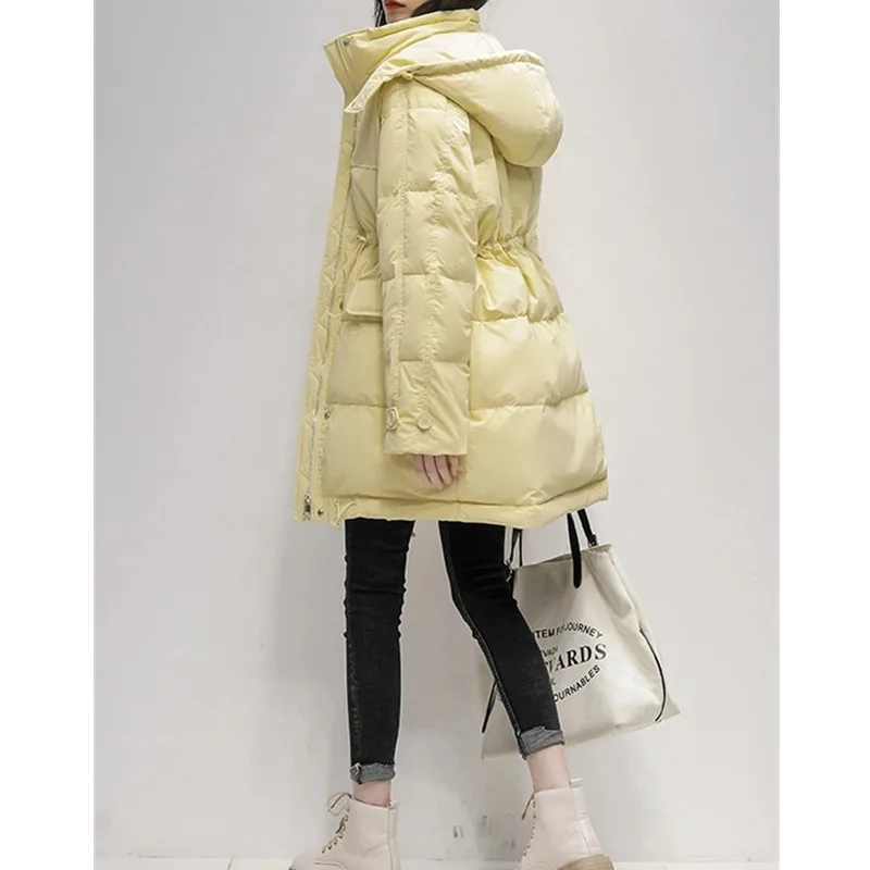 여성용 중간 길이 후드 다운 재킷 겨울 2025 신상 한국 버전 루즈핏 화이트 덕다운 패션 따뜻한 코트 여성용