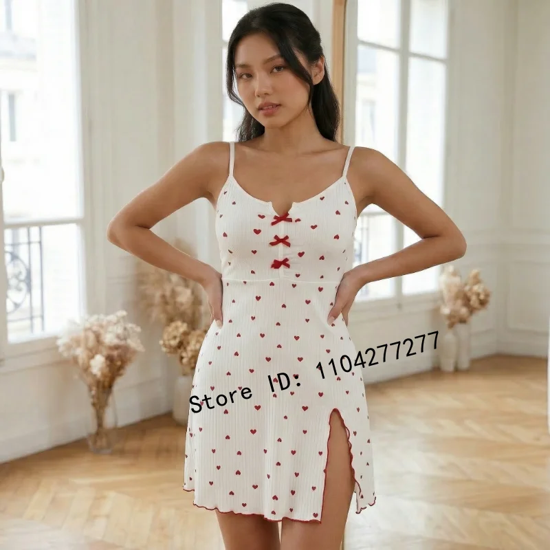

Women's Heart Print Ribbed Cami Sleep Dress Sexy Deep V Neck Slit Hem Nightgown Casual Loungewear for Women