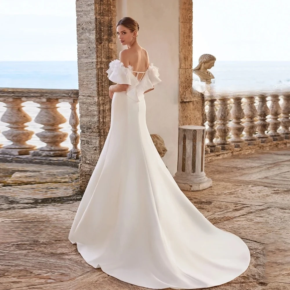 فساتين زفاف كلاسيكية مخصصة بدون أكتاف رقبة قارب بدون أكمام فساتين زفاف زهور طول الأرض حورية البحر فيستدوس دي نوفيا