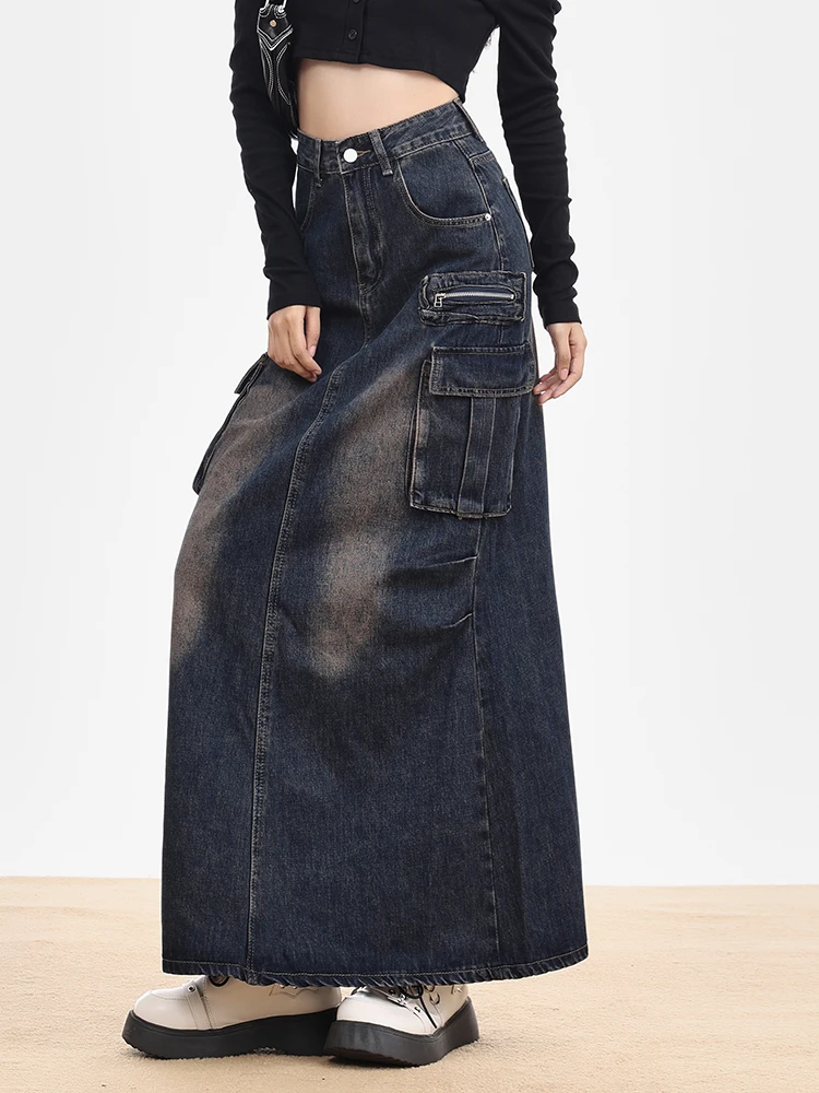 Women Denim Skirt Y2k Emo 2000s Clothes Long Skirt Harajuku Korean 90s Fashion Vintage Gradient A-line Jean Skirt Grunge Clothes