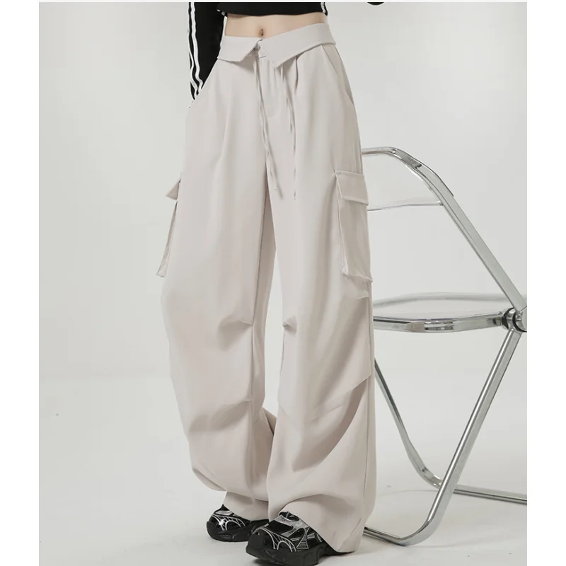 

Women Apricot Cargo Pants Streetwear High Waist American Wide Leg Pants Y2K Fashion Female Winter Solid Brown Straight Trousers