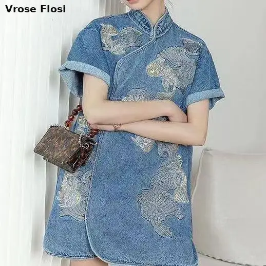 Women Spring Summer Denim Mini Luxury Kirin Embroidery Dresses Feminina Casual Loose Qipao Denim Vintage Vestidos Blousa Dresses