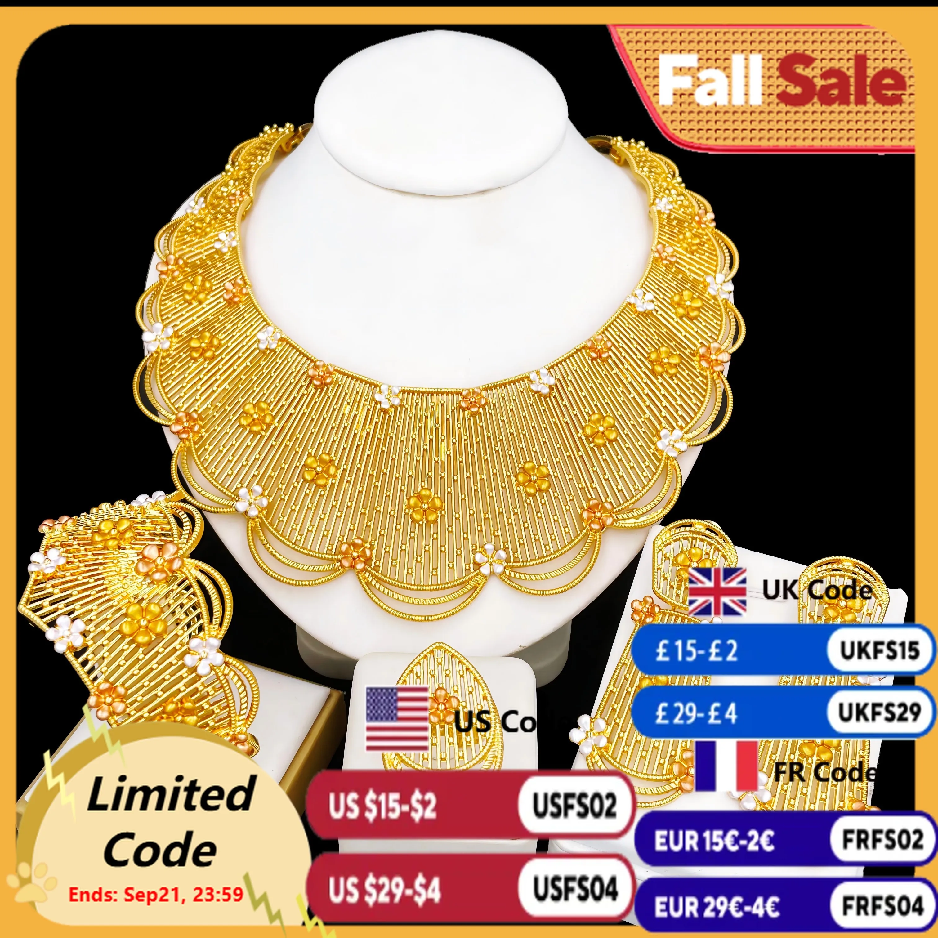 

Jewelry Set For Women Tricolor Plating Luxury Design Necklace Earrings Bangle And Ring Full Set Jewelry Wedding Party Gift