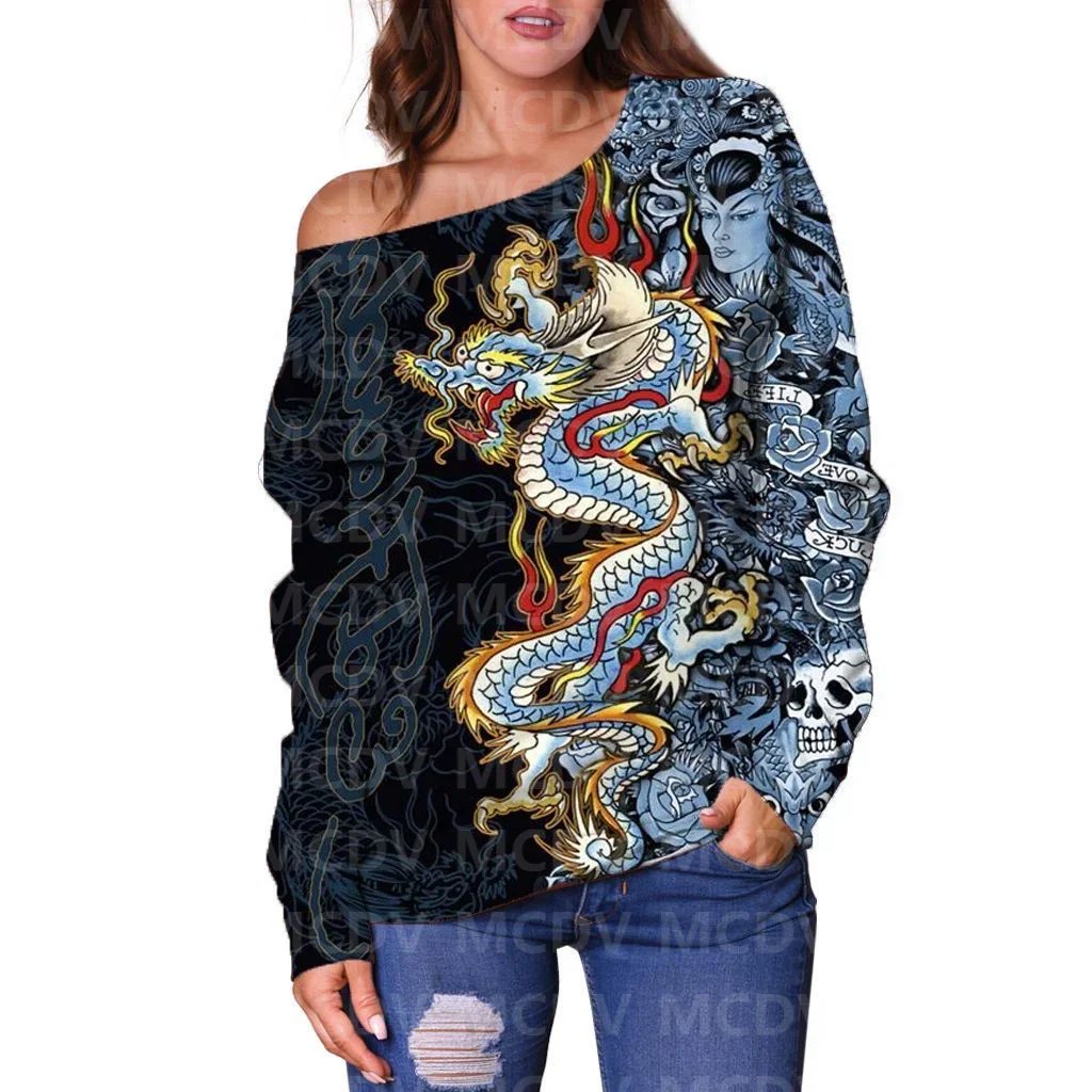 Women's Off Shoulder Sweater Dragon 3D Printed Women Casual Long Sleeve Sweater Pullover