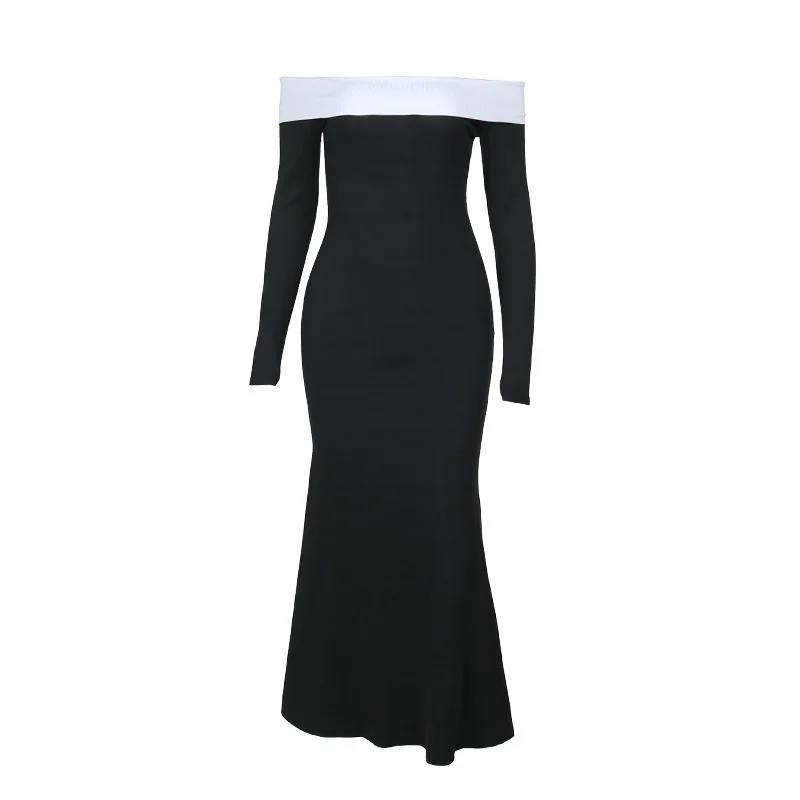 Ropa femenina Vestido de mujer Vestido de cola de pez de color de contraste de un solo hombro, falda larga de estilo francés Vestidos de fiesta elegantes de alta gama