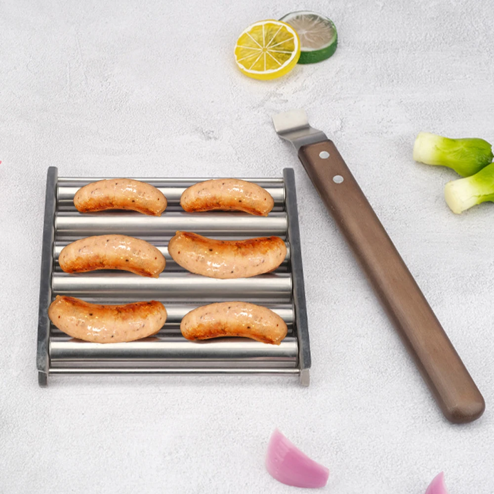 

BBQ Grill Tray Hot Dog Roller Shelf Stainless Steel Sausage Roller Rack with Handle Barbecues Tools Picnic Hot Dog Roll Griller