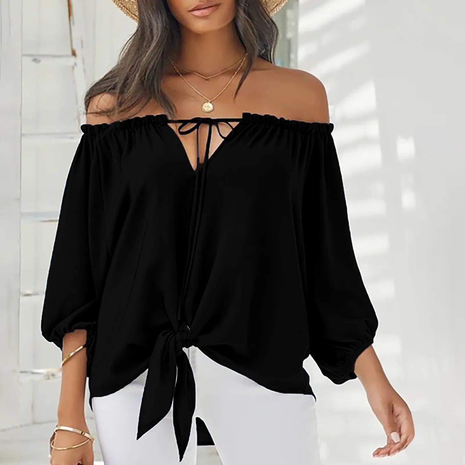 

Women's Summer Black Off-Shoulder Blouse Tie Front and Puff Sleeve Chic Pick for Casual Outings