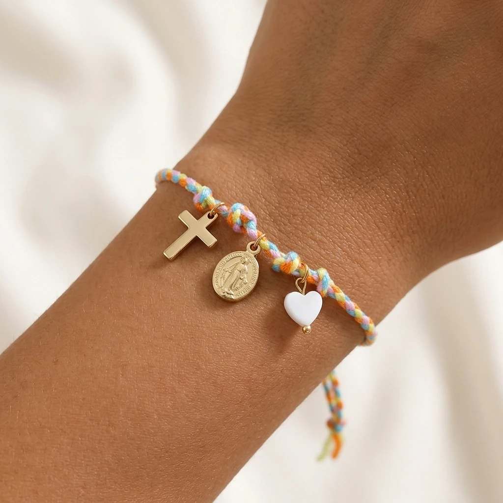 1pc Multicolor Cotton Braided Cord Bracelet with Cross Heart and Catholic Medal Charms Tie Closure Religious Style for Women