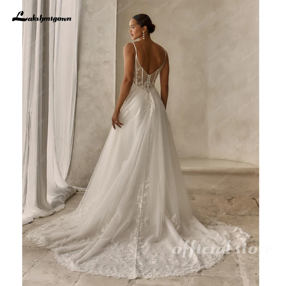 Lakshmigown Funkelnde Perlen-Spitzen-Strandhochzeitskleider, Zivile Tüll-Boho-Brautkleider, Maßanfertigung – Detail 7