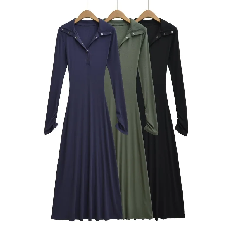 Casual Long Sve Long Dr Single Button High Waist Draped Base Layer Skirt for Autumn Winter Seasonal Wear Daily Outfit