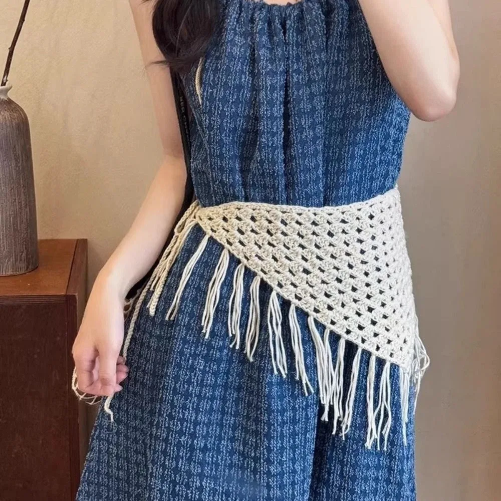 New Adjustable Hollow-Out Mini Skirt Hand-knitting Fringe Trim Triangle Scarf Y2K Streetwear Waist Hip Wrap Women Fashion
