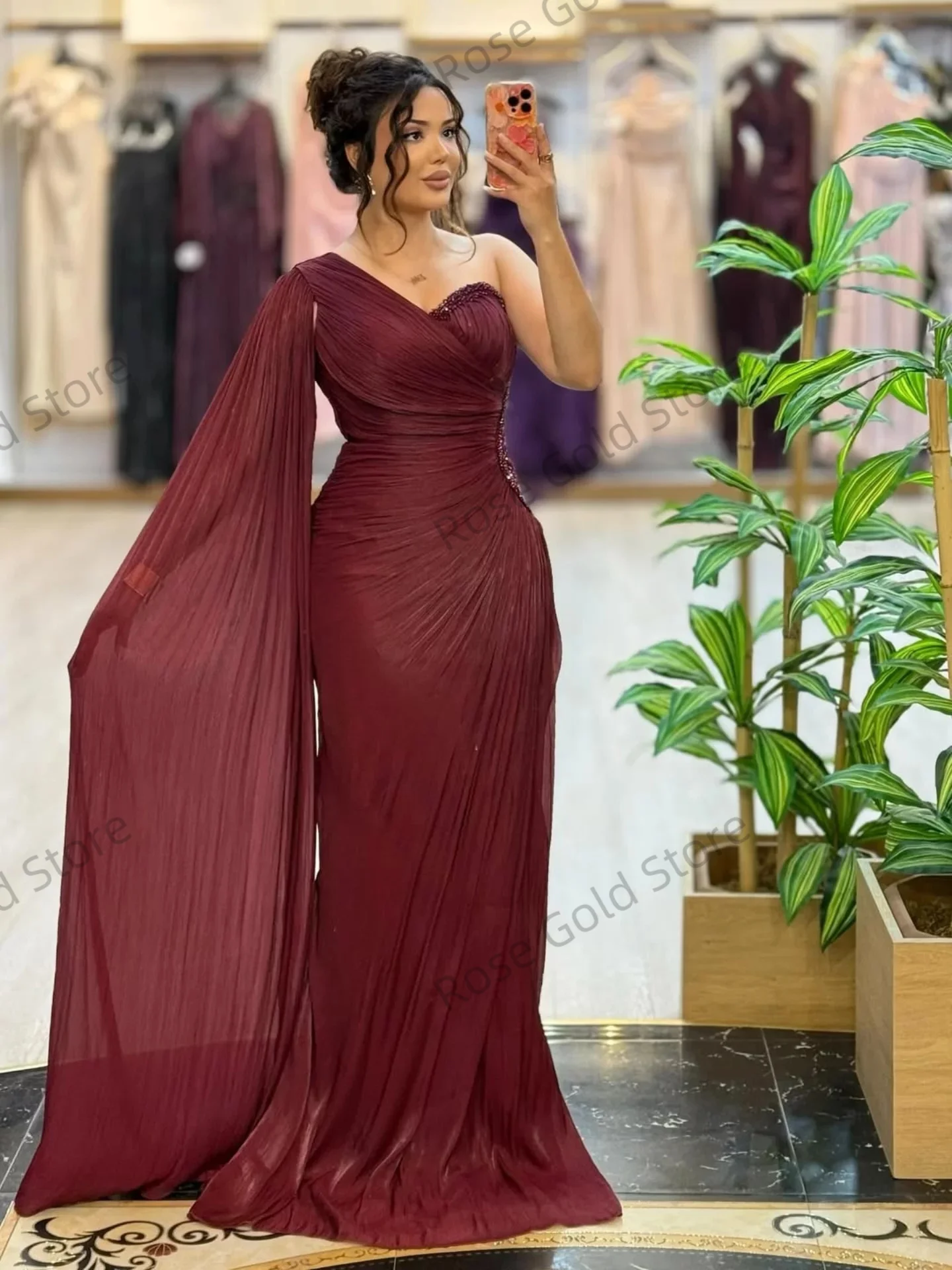 Elegant Mermaid Evening Dresses One Shoulder Long Chiffon Prom Party Gowns Shiny Sequines Pleat Customized Robe de Noche
