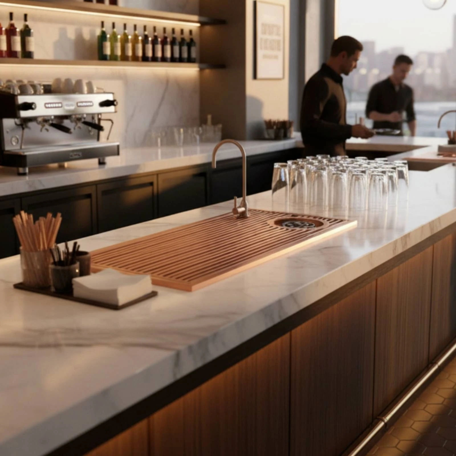 Draining Station with Slatted Top Built-in Coffee Hand-Rinse Station Low-Height Rectangular for Baristas, Cafes, Home Counters