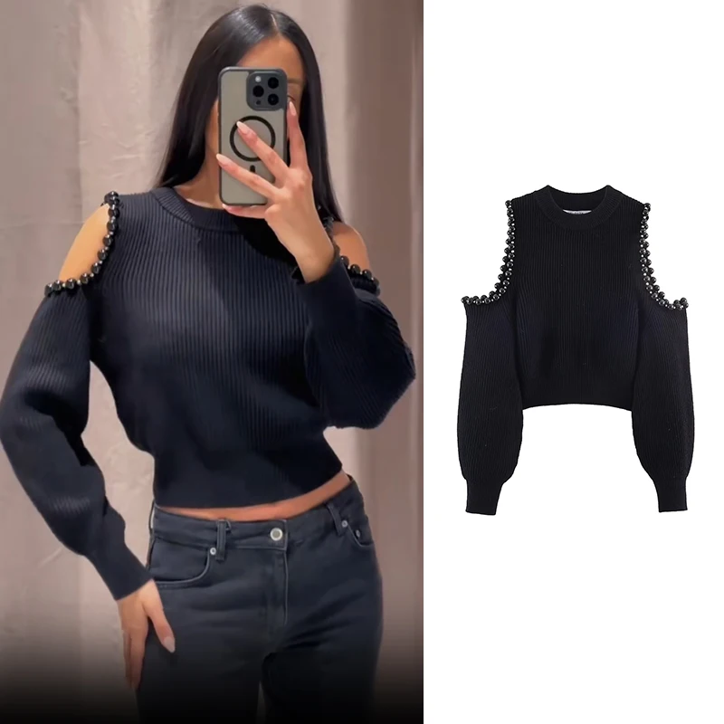 

Women's Spring New Knitted Sweater 2026 Fashion Beaded Hollow Pullover Blouse Chic Young Women's Spring Street Sweater