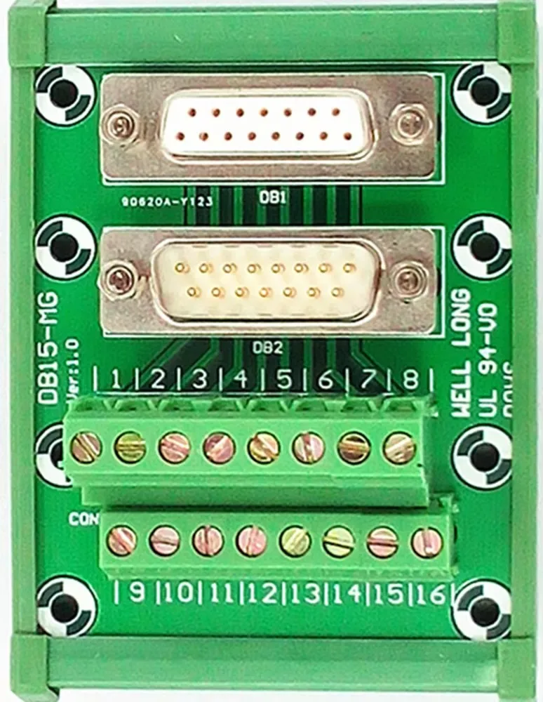 DB15 D Sub DIN Rail Mount Interface Module, Male / Female, Breakout Board.