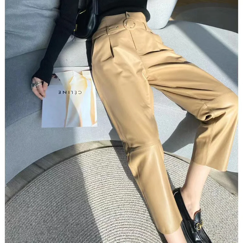 2023 Sheepskin leather pants for women with high waist and slim waist, long pants with matte smoke pipe and cropped pants,  new