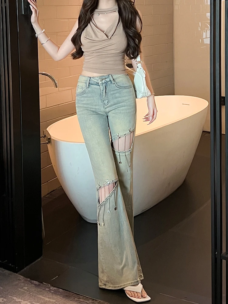 กางเกงยีนส์ขาบานไมโครสีฟ้าอ่อนสําหรับผู้หญิงเอวสูงปี 2025 ฤดูร้อนกางเกงทรงเข้ารูปเทรนด์
