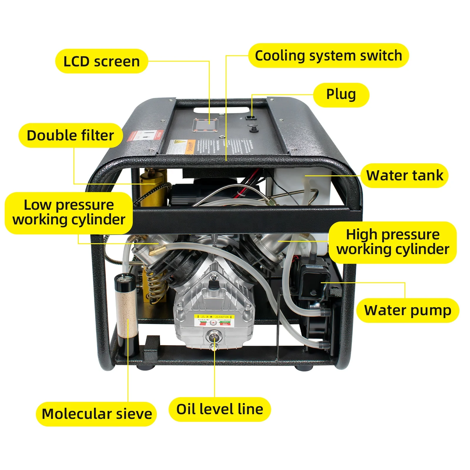 High Pressure Auto Stop Electric 4500psi 300bar Fan Cooling Tire Inflation LCD Screen Double-cylinder  Air Compressor