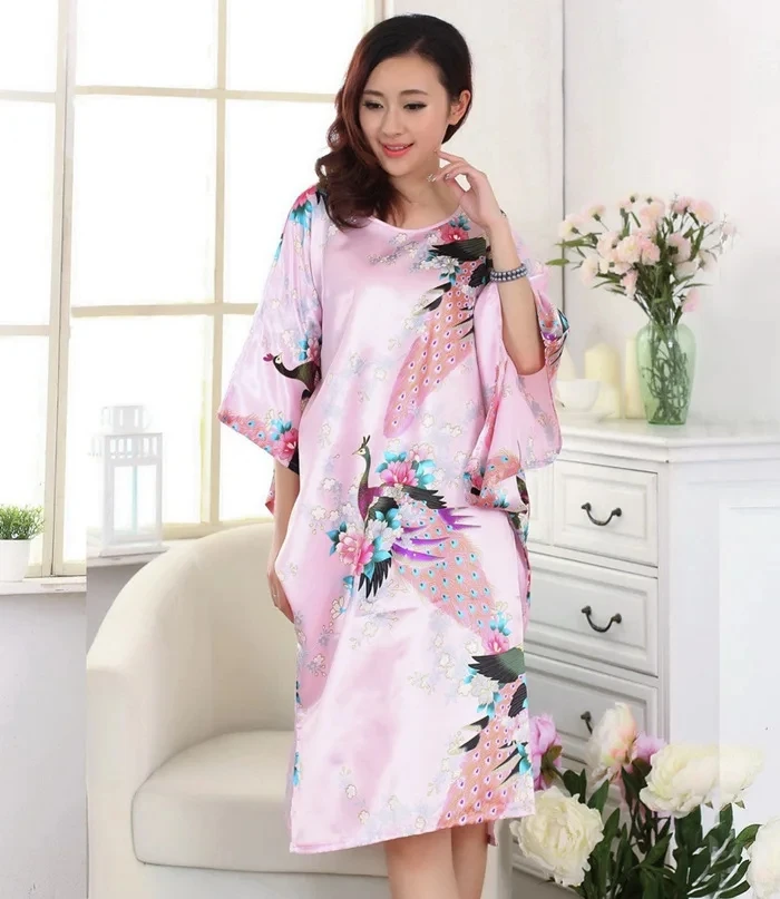 Summer Women\'s Faux Silk Nigh Robe Black Lady Bath Gown Nightgown Bathrobe Sleepwear Mujer Pijama Flower Zh07C