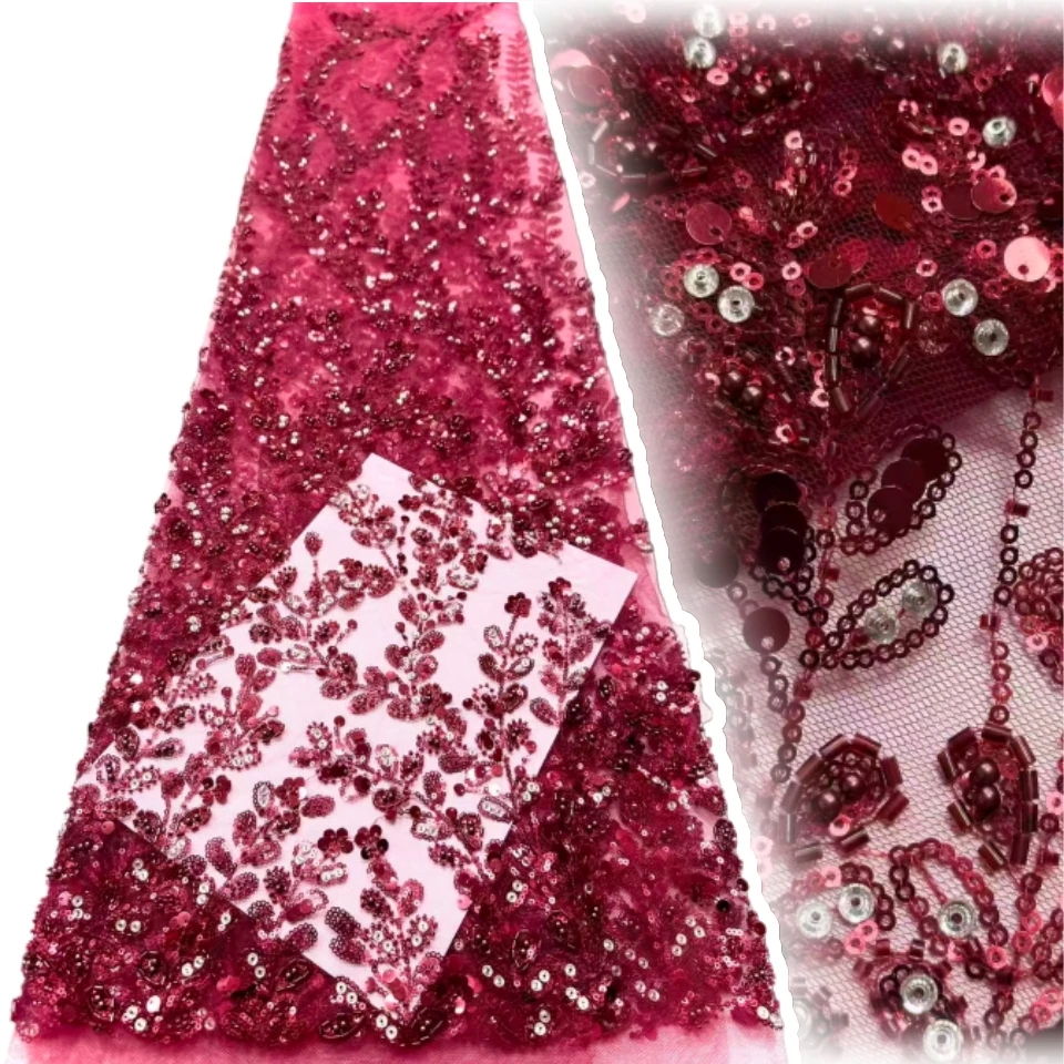 

Latest Sequin Fashion Design Handmade Handmade Embroidery Beads for Wedding Women Gown Dress Lace Fabric Sell By 5 Yards AH1824