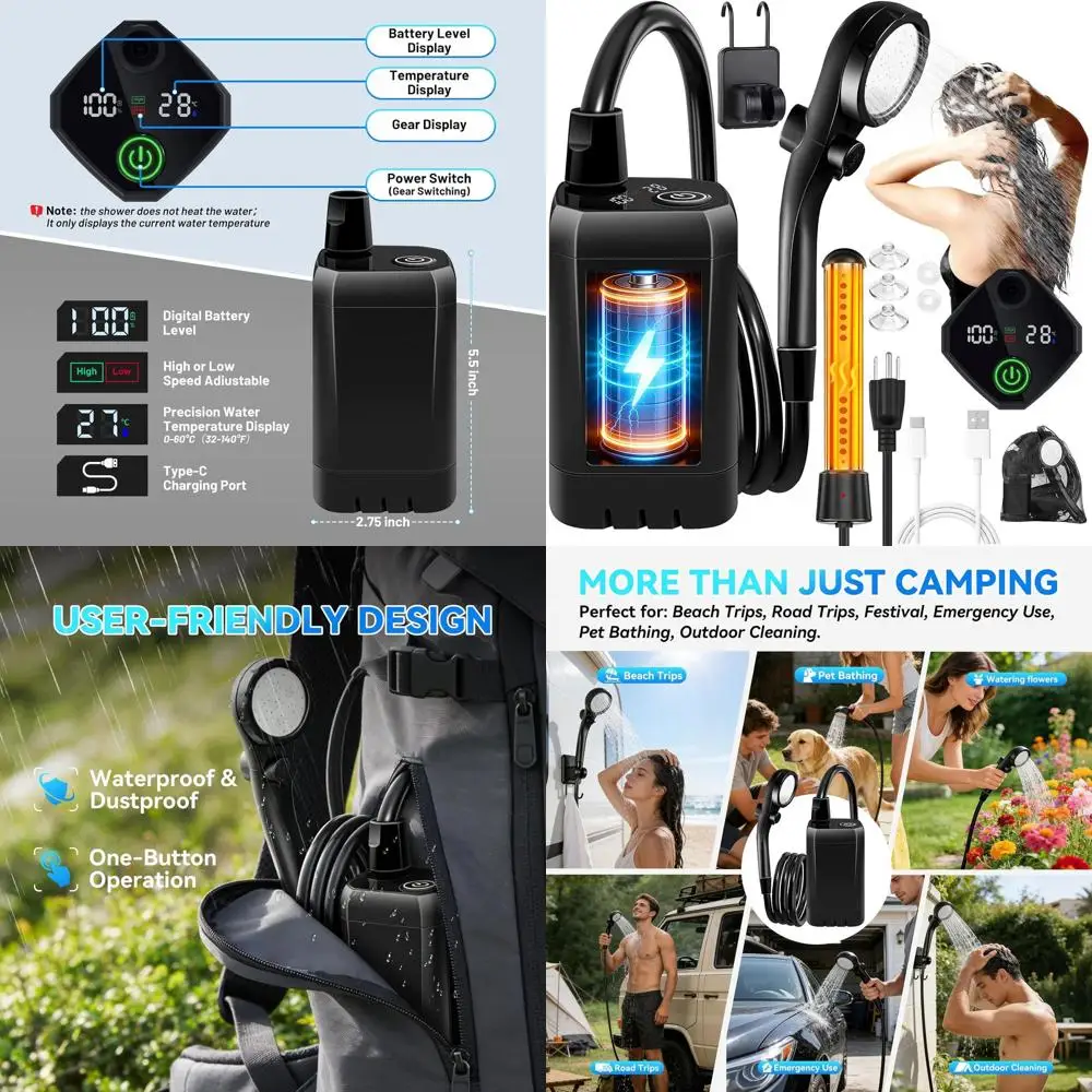 

Портативный походный душ 2000 Вт, аккумулятор 6000 мАч, 3 режима распыления, водонепроницаемый уличный насос для туризма, путешествий, автомобиля, домашних животных