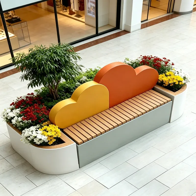 For Mall Atrium Cloud Backrest Flower Box Seat Combo Galvanized Sheet Wrought Iron Landscape Planter Leisure Stool Durable