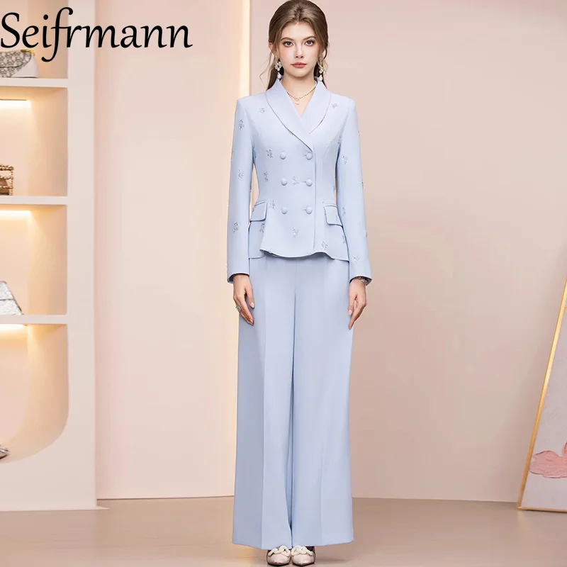

Костюм женский Seifrmann 2026: Новинка Весна, Модный комплект с вышивкой, двубортный пиджак с воротником и брюки