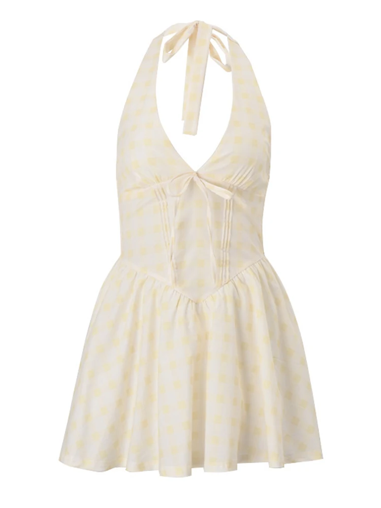 ByeMyLove 꽃 프린트 미니 드레스 여성 홀터넥 넥 드레스 백리스 민소매 여름 빈티지 우아한 드레스 V 넥 파티 드레스