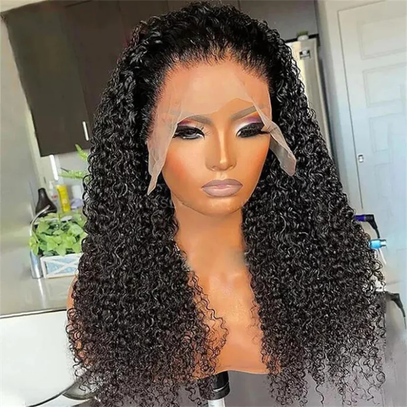 Soft Glueless 180Density 26Inch Long Black Kinky Curly Deep Lace Front Wig For Women With Baby Hair Preplucked Daily