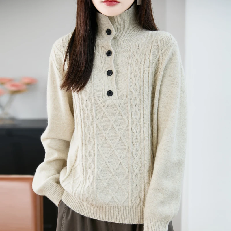 

Yoyoselect 100% Merino Wool Women's Buttoned Design Pullover Cable Knitted Sweater Autumn Winter Turtleneck Basic Knitwear Tops