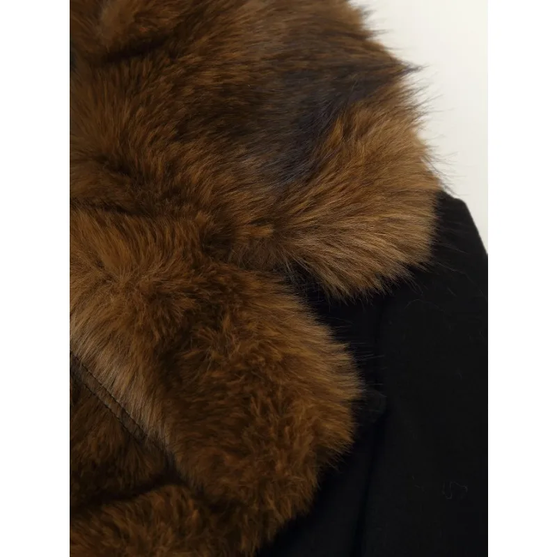 Autumn Winter Trend Streetwear Tweed Coat Fur Collar Versatile Outerwear Wool Coat Women Black Tops Trench Coats Belt Jackets