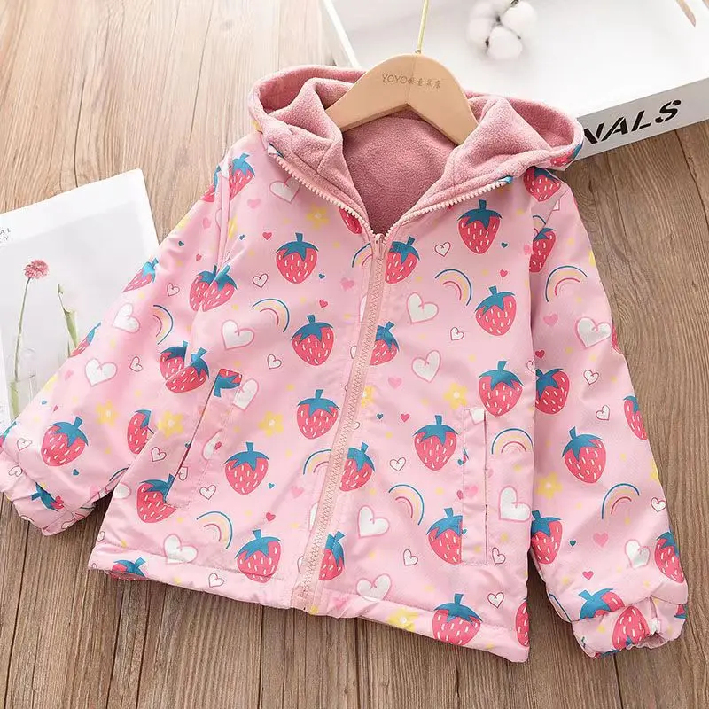 

2024 Baby Girls Jacket Spring Autumn Kids Double Sided Wear Strawberry Print Hooded Windbreaker Coats Children Fleece Outerwear