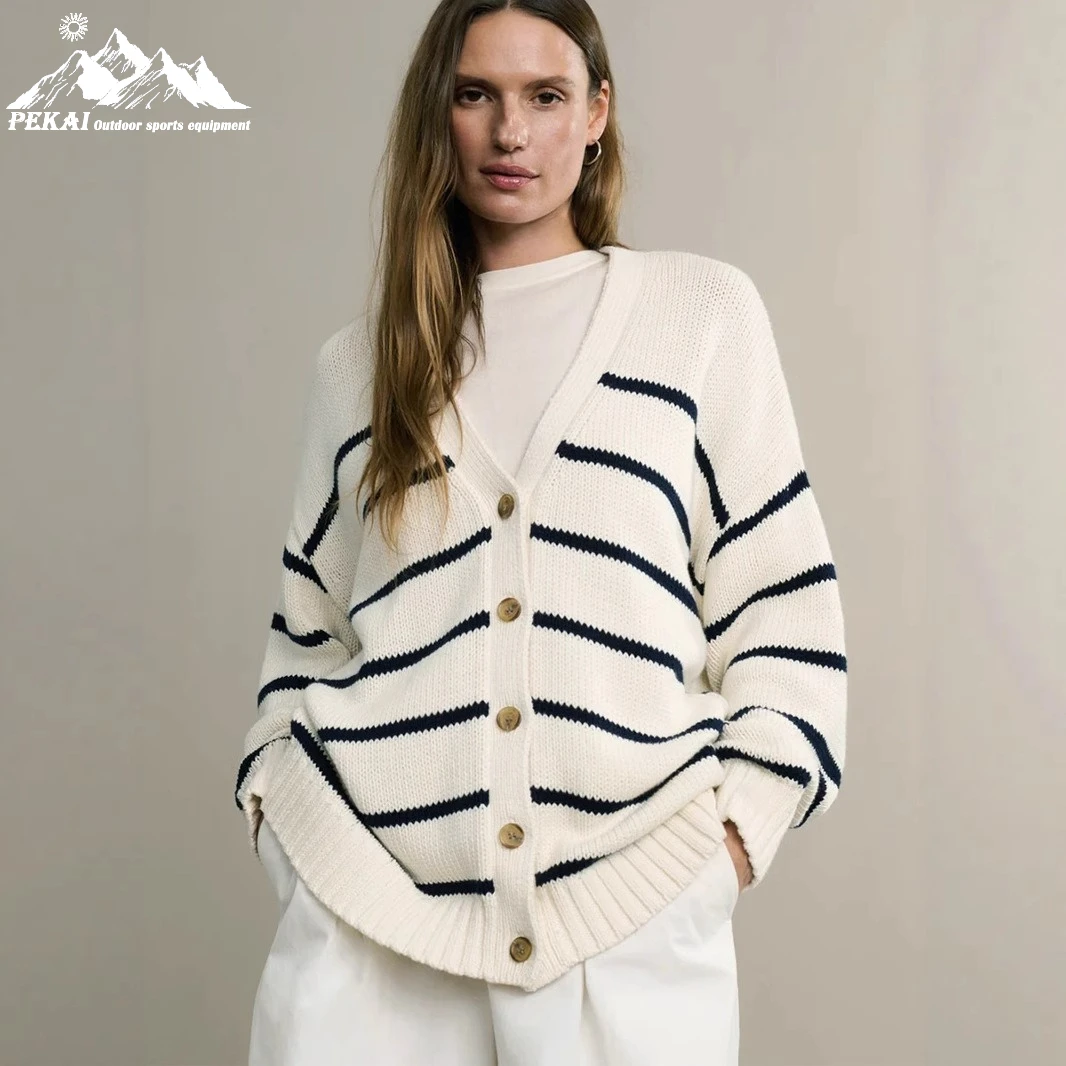 

Striped Knitted Cardigan for Women Europe America Autumn Winter 2025 V-neck Cardigan Sweater Pure Cotton Striped Sweater Women