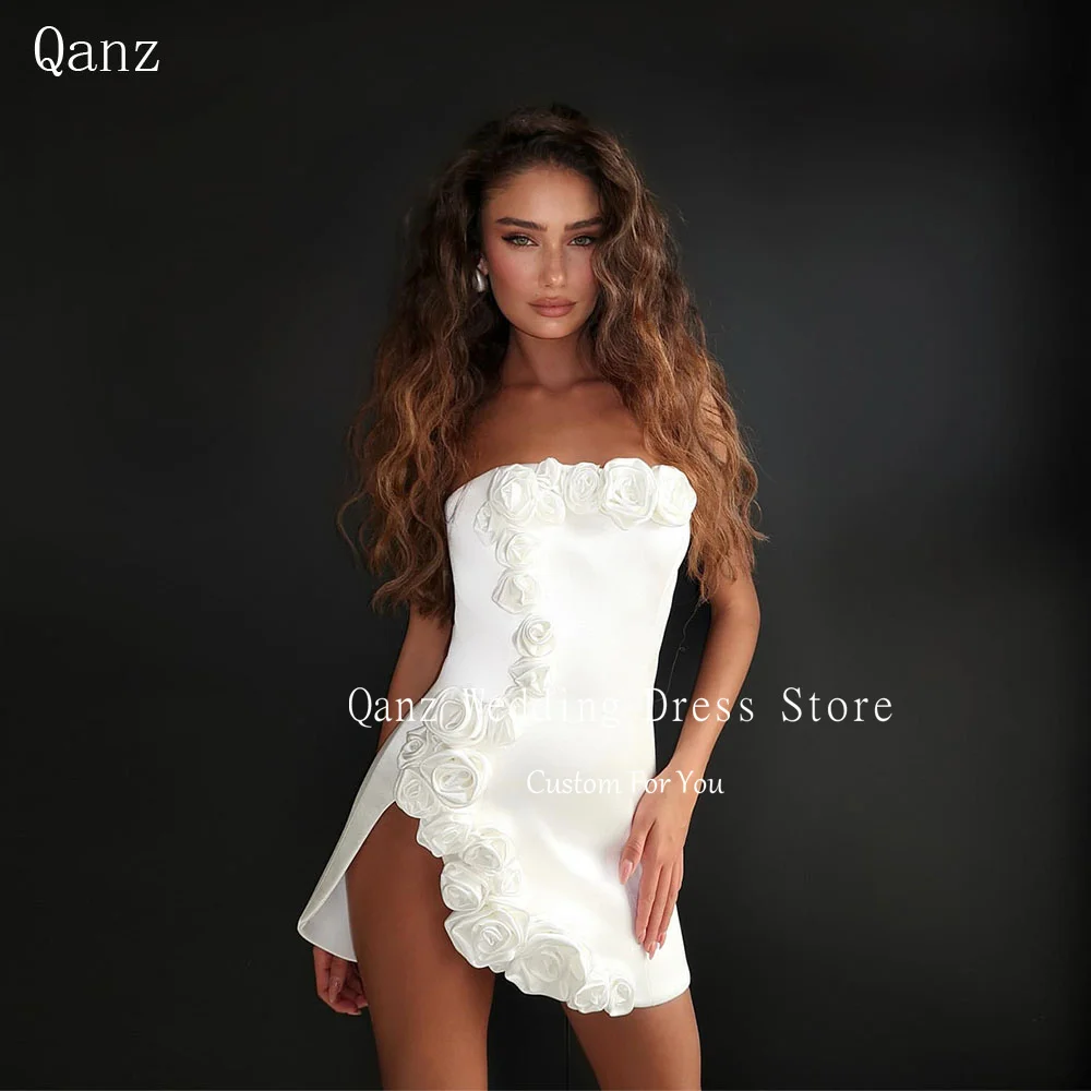 

Qanz Mini Luxury Wedding Party Dresses Strapless White Satin Handmade Flowers Bridal Gowns Lace Up Back Party Dresses Customized