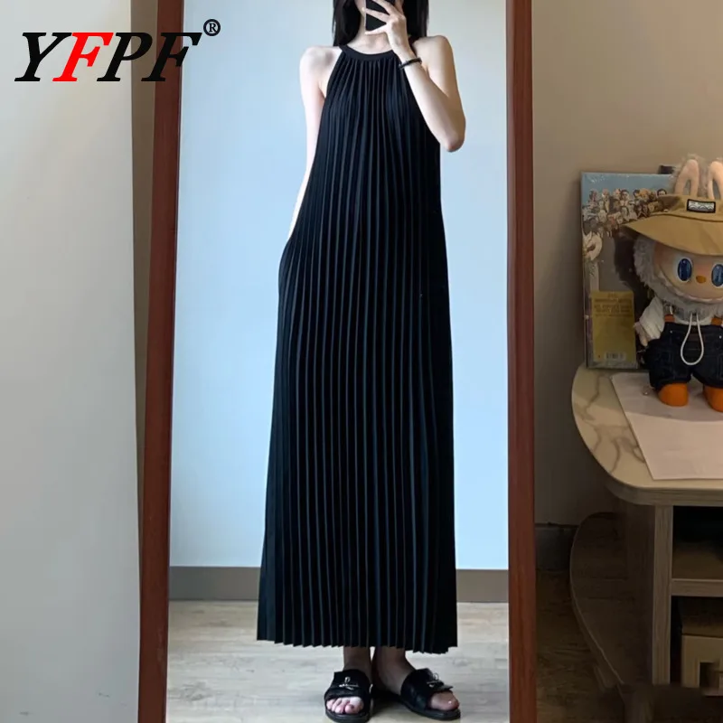 

YFPF Summer Miyake Pleated Dress Women Fashion Sleeveless Black Solid Color Loose Long Dresses Casual 2025 New Clothing