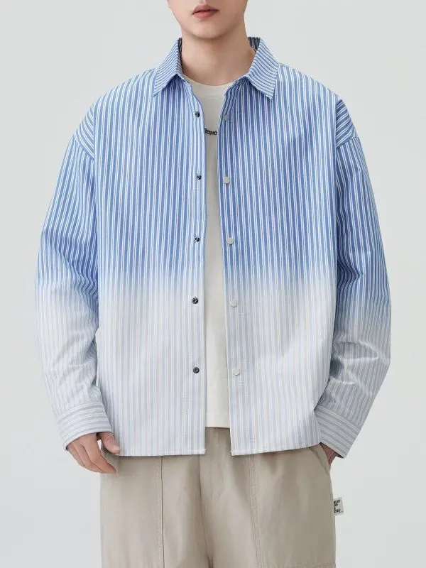 

Men's Casual Stripe irt Jaet Pure Color Long Sve Stand Fit Spring Autumn Faionable adient Color Lapel Button up