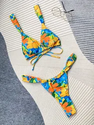 Sexy push up zestaw bikini z kwiatowymi wzorami dwuczęściowy pomarszczony wysoki stan stringi strój kąpielowy kostium kąpielowy biquini