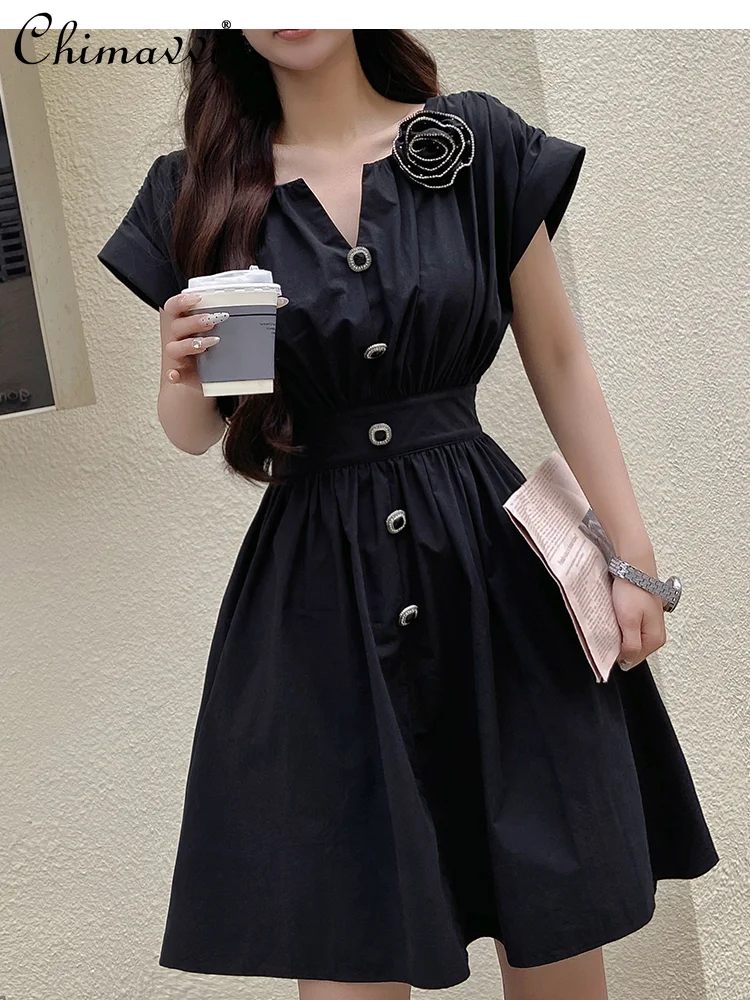 

French Simple Commuter Diamond 3D Flower V-neck Single Breasted High Waist Slim A-line Elegant Black Short Dress Women Summer